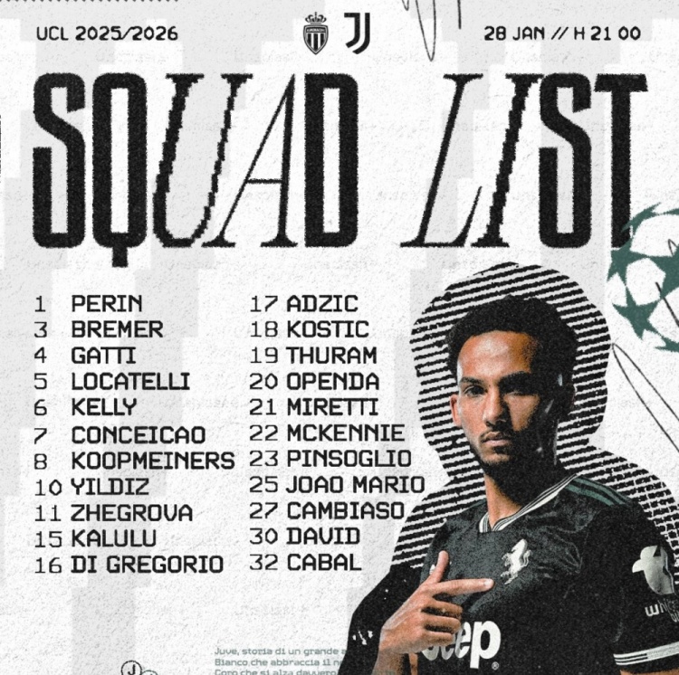 赛事在线观看-尤文vs摩纳哥欧冠名单：伊尔迪兹领衔，戴维、布雷默、孔塞桑在列